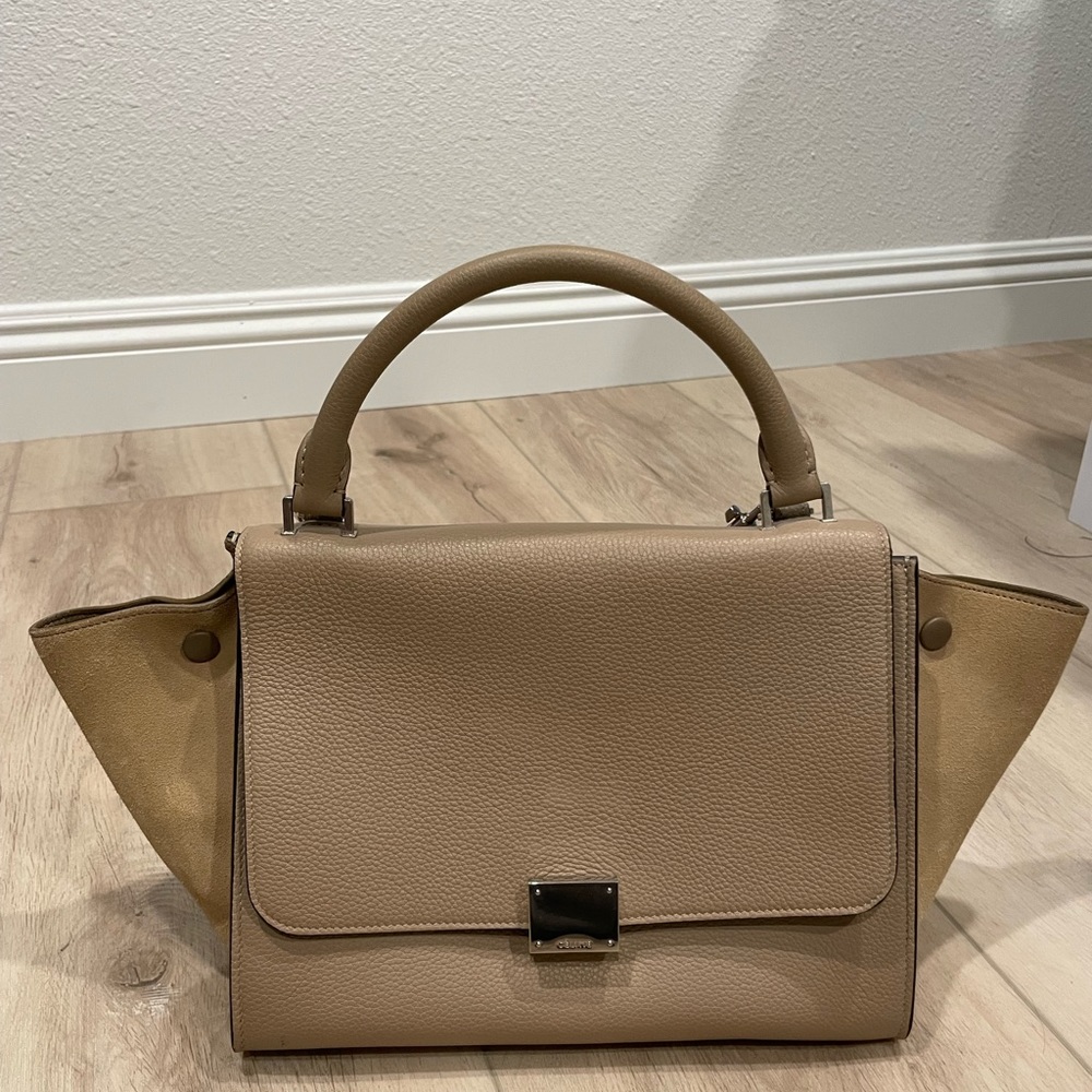 Authentic Celine trapezoid beige suede and leather bag